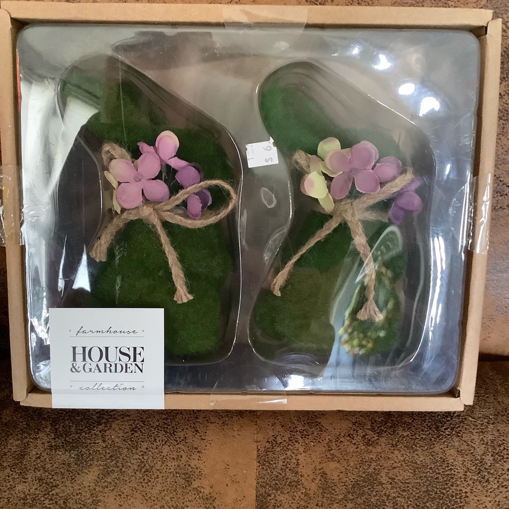 Green Flocked Bunny with purple flowers. House and Garden